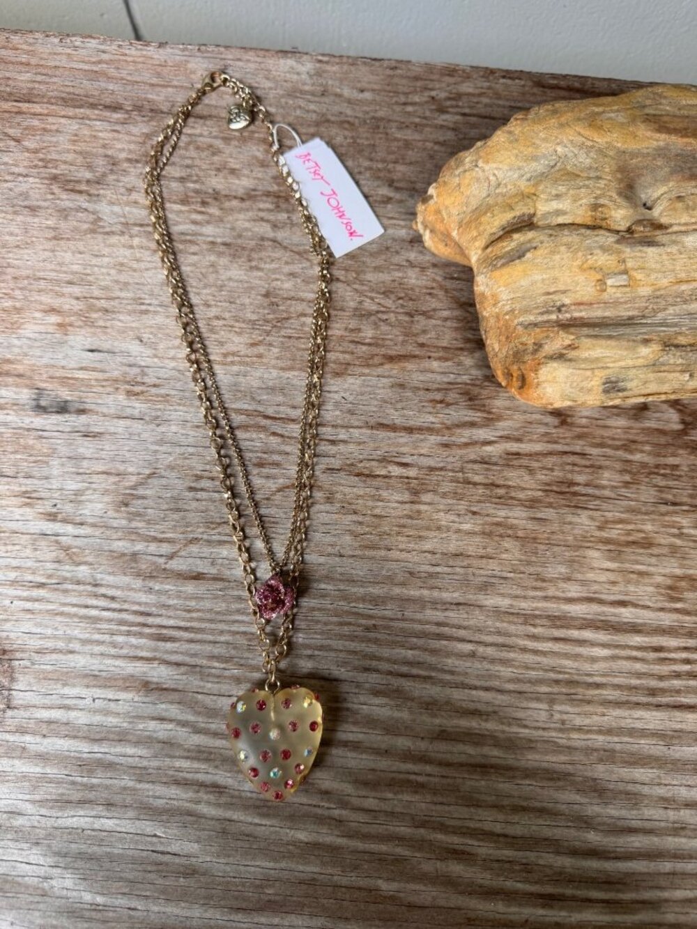 Betsey Johnson Pink Rhinestone Heart Rose Multi Strand Necklace NWT Gold Tone